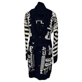 Etro Jacquard-Cardigan mit Gürtel aus Navy-Blauer Wolle