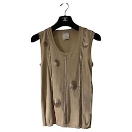 Chanel Beige Strick-Tanktop Pailletten CC Logo