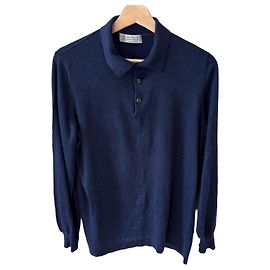 Brunello Cucinelli Men's Navy Blue Cashmere Long Sleeve Polo Shirt