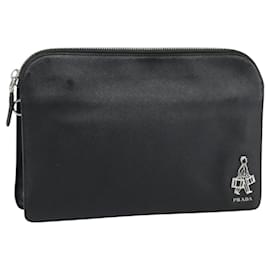 Clutch PRADA in pelle nera con dettagli argento Auth ka4774