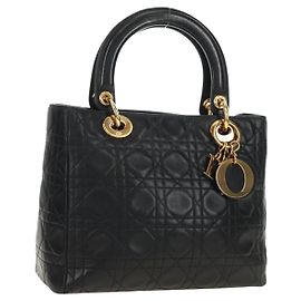 Borsa Christian Dior Canage Lady Dior in pelle di agnello nera e oro Auth 185302M