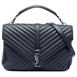 Borsa College Saint Laurent in pelle di pecora blu con monogramma Chevron Large