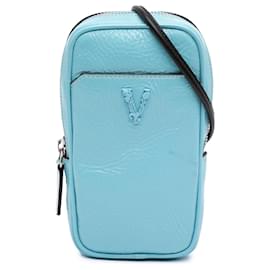 Versace Virtus Crossbody-Pouch aus blauem strukturiertem Leder