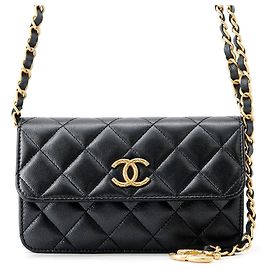 Borsa a tracolla con catena in pelle di vitello granulata gunmetal Chanel