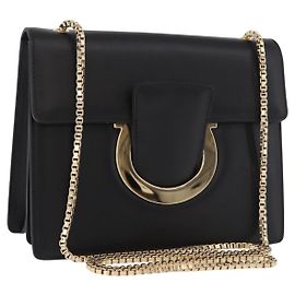 Salvatore Ferragamo Gancini Chain Shoulder Bag Leather Black Gold Auth 185725A