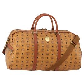 MCM Vicetos Logogram Boston Bag PVC Leather 2way Brown Gold Auth 183972