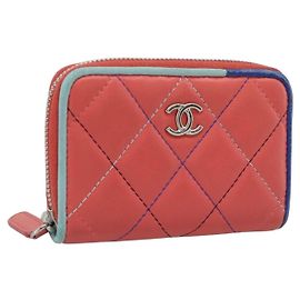 CHANEL Matelasse Coin Purse Lamb Skin Pink Silver CC Auth 185777A