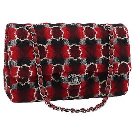 CHANEL Matelasse25 Double Flap Chain Bag Tweed Red Silver CC Auth 187053SAM