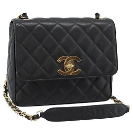 Sac à bandoulière CHANEL Chain Matelasse en peau Caviar noir Or CC Auth 186150V