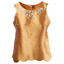 Top de seda dorado Miu Miu con escote adornado