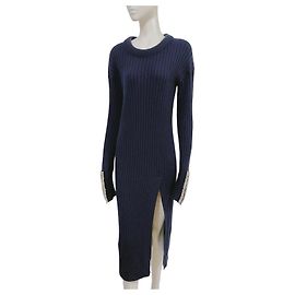 Autre Marque AVIU Marineblaues Rippstrick-Wollkleid mit Schlitz und Strass