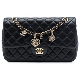 Chanel Black Medium Classic Lambskin Valentines Heart Charms Single Flap