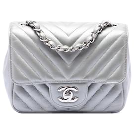 Chanel Mini Square Classic Chevron Caviar Argento Single Flap