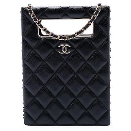 Borsa da sera Chanel Black Quilted Caviar Chain Around Cut Out