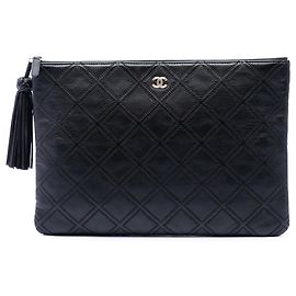 Clutch Chanel Black Large Quilted Lambskin Double Stitch Tassel O Case