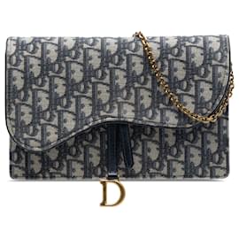 Portafoglio in tela blu obliqua Dior con catena