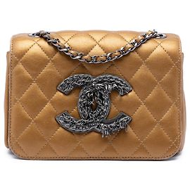 Chanel Gold Limited Edition Mini Quilted Metallic Lambskin CC Chain Fringe Full Flap
