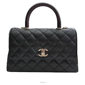 Coco Handle Medium Black Caviar Lizard Champagne Gold Interior Chip - Chanel