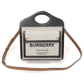 Burberry Mini borsa tote con tasche Triton in pelle nera e tela bicolore