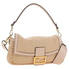 Sac bandoulière FENDI Mamma Baguette Mouton Beige Gold Auth 187191SAV