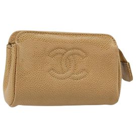 Pochette CHANEL Caviar Skin Beige Gold CC Auth 187168