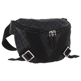 BOTTEGA VENETA INTRECCIATO Body Bag Pelle Nero Argento Auth bs35683A