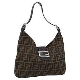 Borsa a Spalla FENDI Mamma Baguette in Tela Zucca Nero Marrone Argento Auth am11931V