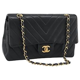 Borsa a Spalla CHANEL V stitch Chain in Pelle di Agnello Nera e Oro CC Auth 189090M