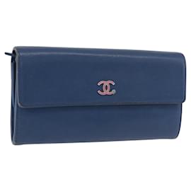 Cartera Larga CHANEL de Cuero Azul Plata CC Auth 189356