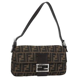 FENDI Zucca Canvas Mamma Baguette Shoulder Bag Black Brown Auth 187283V