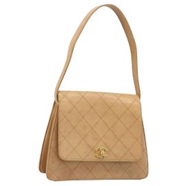 CHANEL Matelasse Shoulder Bag Lamb Skin Beige Gold CC Auth 187187