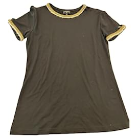 T-shirt Chanel nera in cotone con profilo intrecciato oro