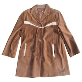 Chaqueta larga vintage de ante marrón de los 70 con detalles contrastantes - Autre Marque