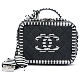 Chanel Vanity Case Black Small Caviar Striped CC Filigree