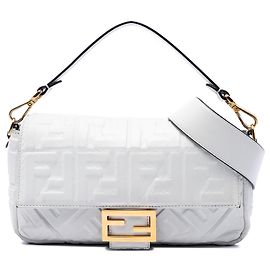 Borsa Baguette in Pelle con Logo Zucca in Rilievo Bianca Fendi