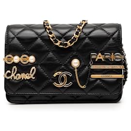 Portafoglio con catena Chanel Black Mini CC in agnello trapuntato Coco Clips