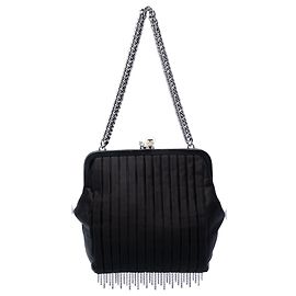 Chanel Black Pleated Satin Frame Pearl Chain Fringe Schultertasche