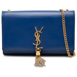 Saint Laurent Bolso bandolera Kate con borla en piel de becerro lisa azul, tamaño Medium