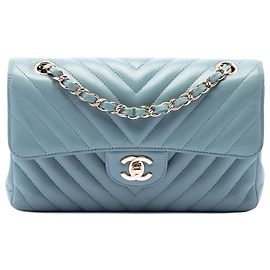 Chanel Blue Small Classic Chevron Lambskin Double Flap