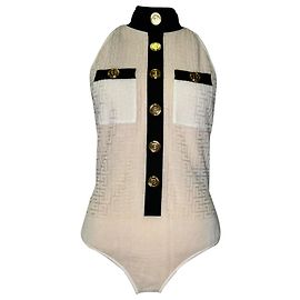 Body de jacquard con monograma Balmain en viscosa color crema