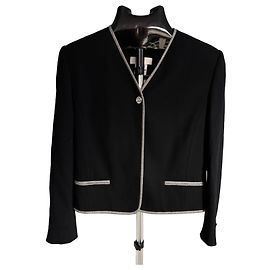 Escada Black Wool V-Neck Blazer with Grey Trim