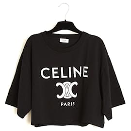 Celine T shirt Triomphe noir 40FR Slimane Black Cropped Top UK12 US10 New Céline
