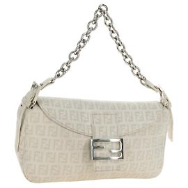 FENDI Zucchino Canvas Mamma Baguette Tasche PVC Weiß Silber Authentisch yk20548SAM