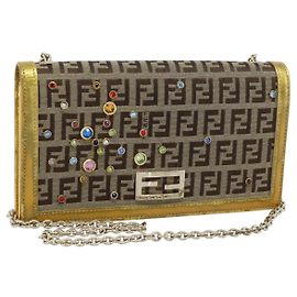 FENDI Zucchino Canvas Chain Wallet Shoulder Bag Beige Gold Auth 189259V