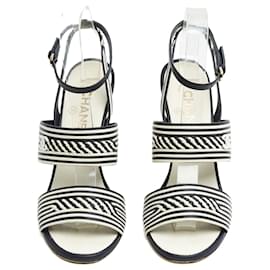 Chanel 2020 Sandales Marine Ecru EU38.5 Braided Leather Heels Sandals UK5.5 US8