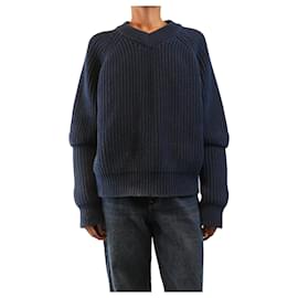 Navy gerippter V-Ausschnitt-Pullover - Größe S - Autre Marque