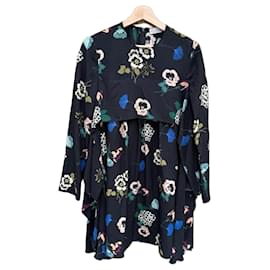 Red Valentino Black Floral Print Cape-Effect Dress
