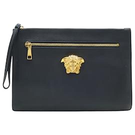Versace Black Large La Medusa Palazzo Leather Clutch