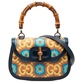 Gucci Blue 100th Anniversary Medium GG Coated Canvas Kaleidoscope 1947 Bamboo Top Handle Tasche