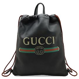 Gucci Web Logo Kordelzug-Rucksack aus schwarzem genarbtem Kalbsleder